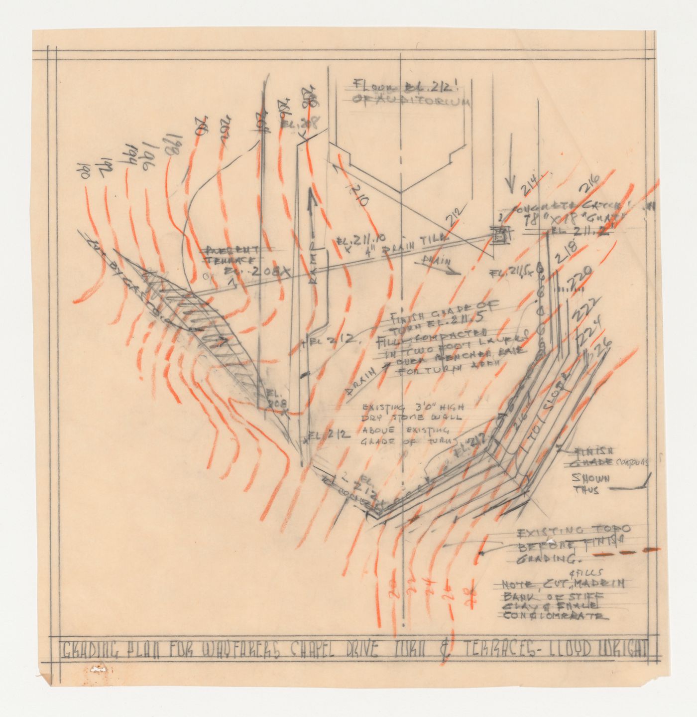 Wayfarers' Chapel, Palos Verdes, California: Grading plan for vehicle turning area and terraces