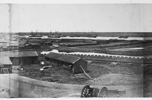 View showing the southern Pehtang Fort, the town of Pehtang (now Beitang), and the Pehtang (now Beitang) River delta, near Tientsin (now Tianjin), China