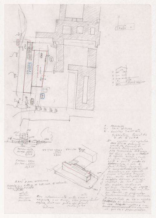 Sketch plan, section, axonometric view, and notes for Biblioteca da Universidade de Evora, Evora, Portugal