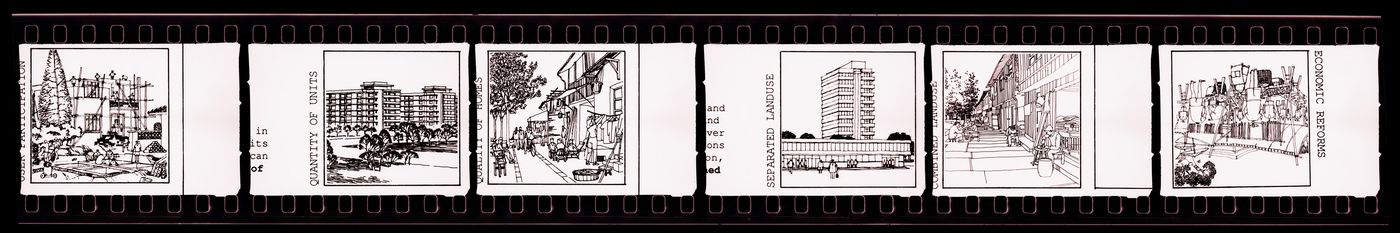 Negative strip of illustrations for the publication "Housing a Billion: Urban Upgrading: Design Ideals for Rural China" publication