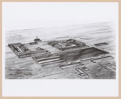 Photograph of a bird's-eye perspective drawing for or of the Tractor Assembly Plant, Stalingrad (now Volgograd), Soviet Union (now in Russia)