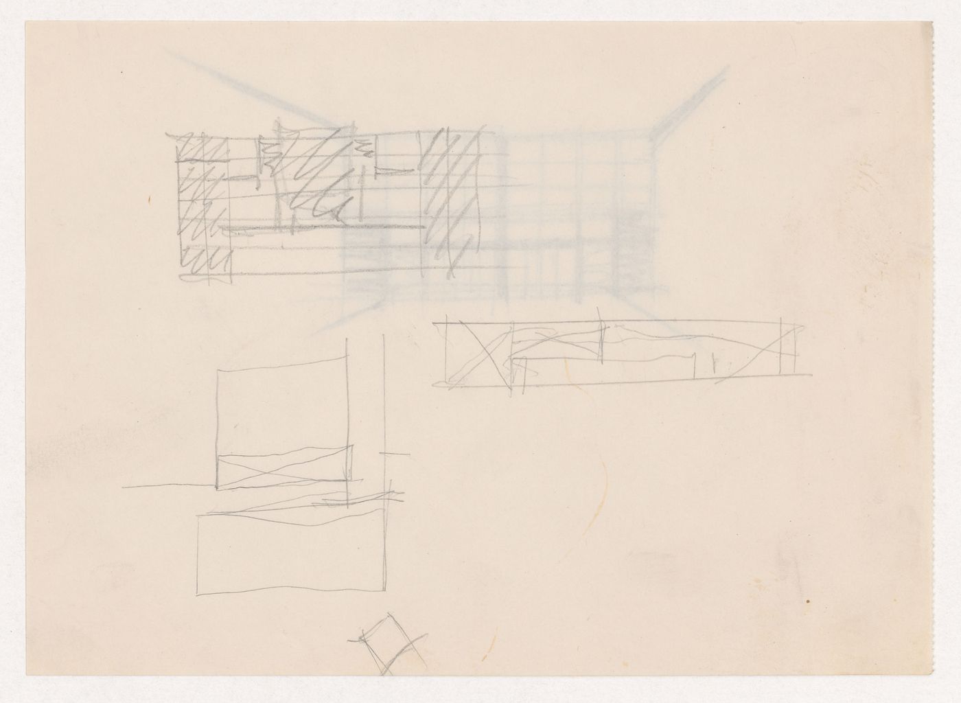 Partial sketch plans for Illinois Institute of Technology; verso: Interior perspective sketch for a campus building for Illinois Institute of Technology