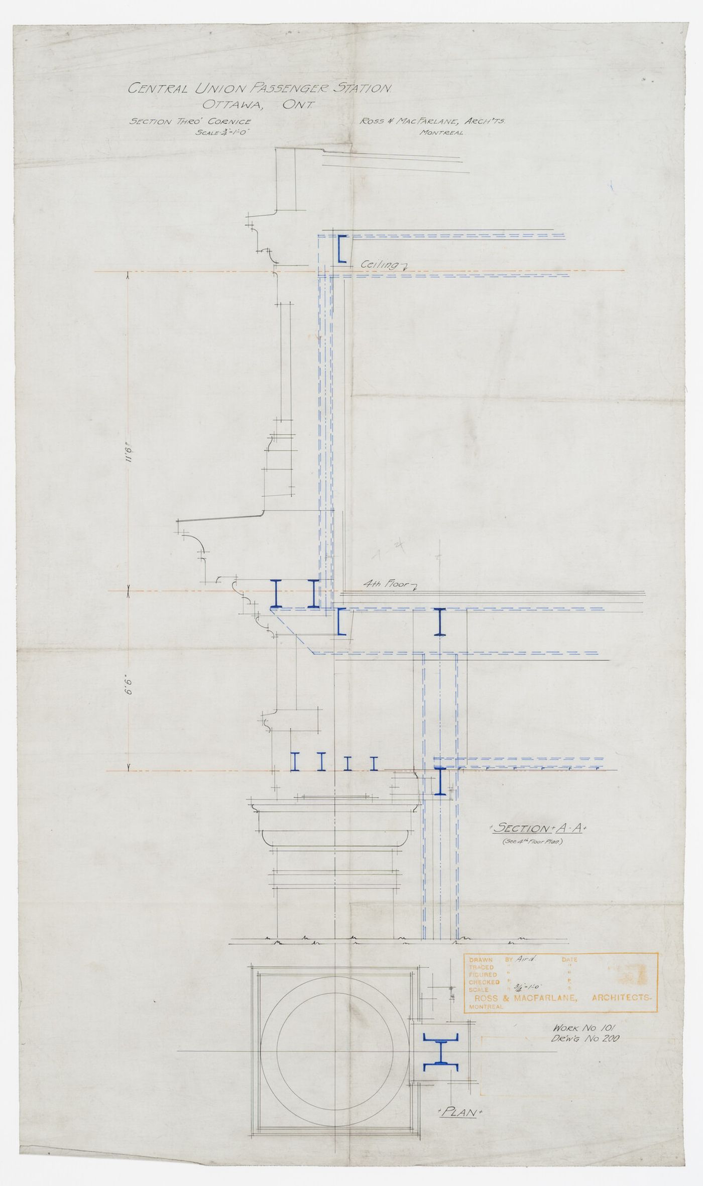 Section and plan of cornice for Central Union Passenger Station, Ottawa, Ontario