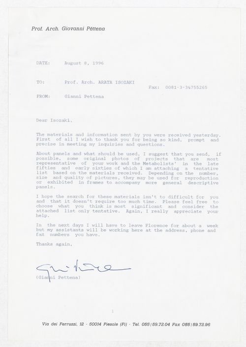 Correspondence and material list for Arata Isozaki related to the exhibition Radicals. Architecttura e Design 1960-1975