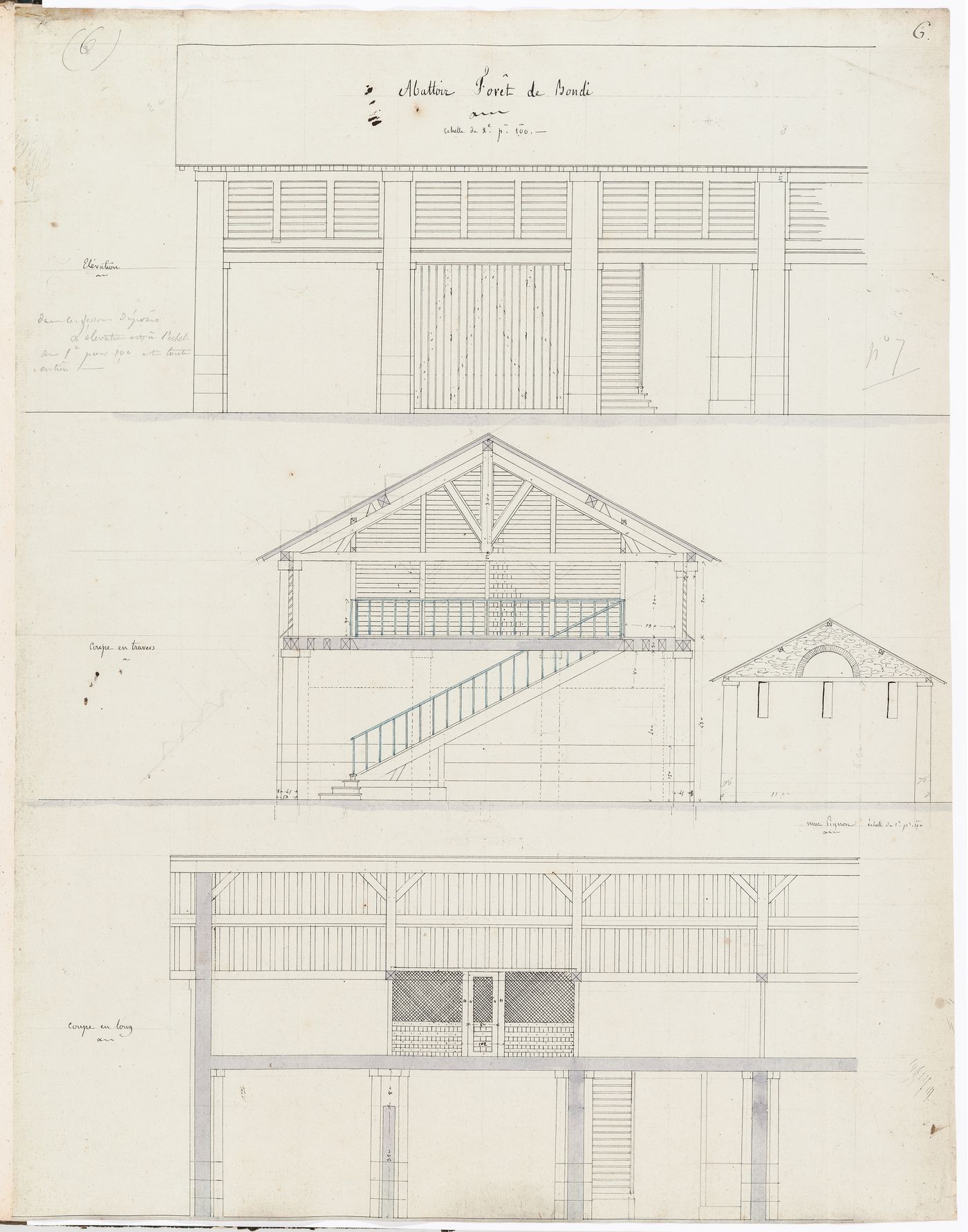 Project for Clos d'équarrissage, fôret de Bondy: Elevations, cross section, and longitudinal section for the slaughterhouse