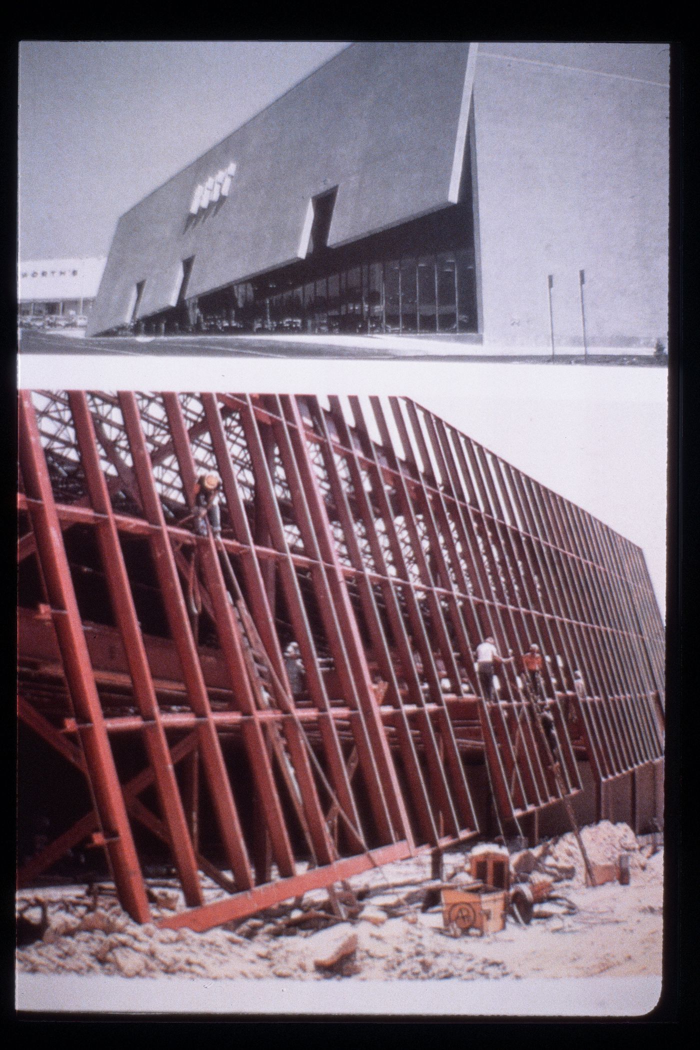 Slide of a photograph of BEST Products Tilt Showroom, Towson, by James Wines / Sculpture in the Environment (SITE)
