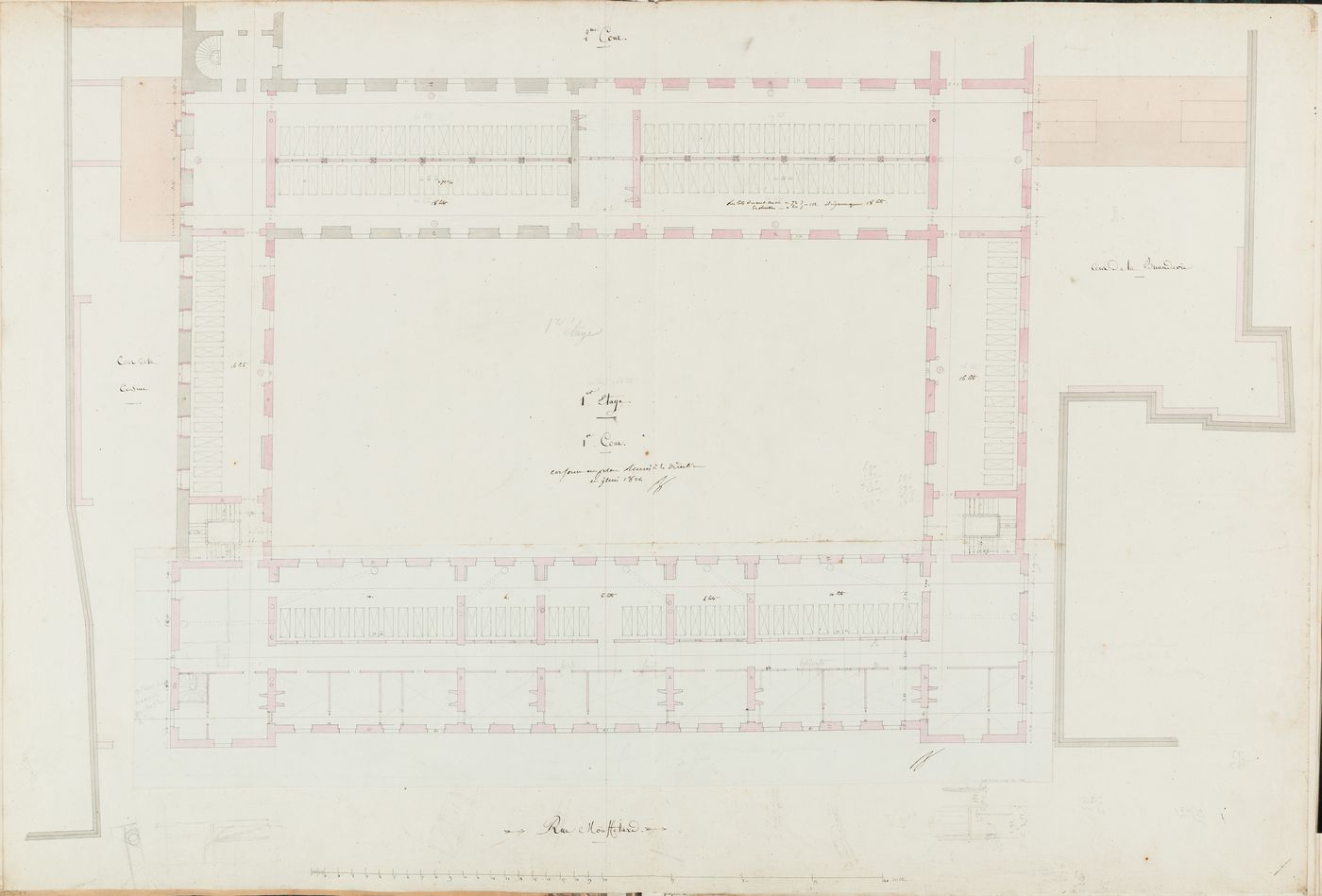 Project for the caserne de la Gendarmerie royale, rue Mouffetard: First floor plan for buildings surrounding the first courtyard