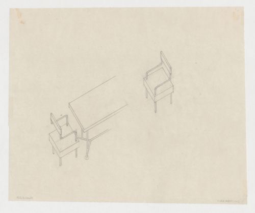 Axonometrics for a chair and partial axonometric for a table for M.J.I. de Jonge van Ellemeet's office in Rotterdam City Hall, Netherlands
