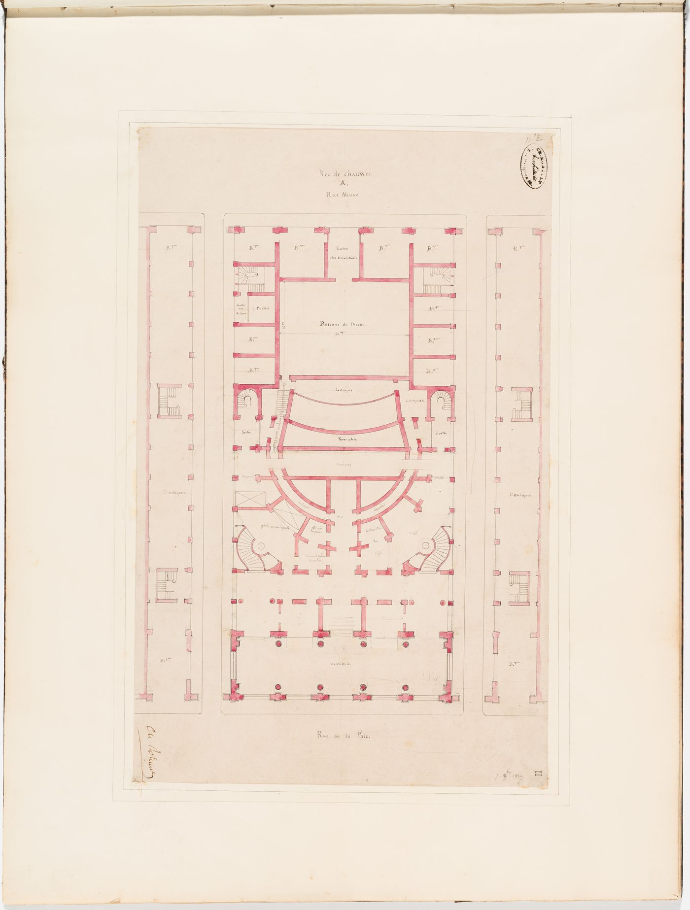 Ground floor plan for level A for the Théâtre Royal Italien, and two ground floor plans for the adjacent shopping arcades