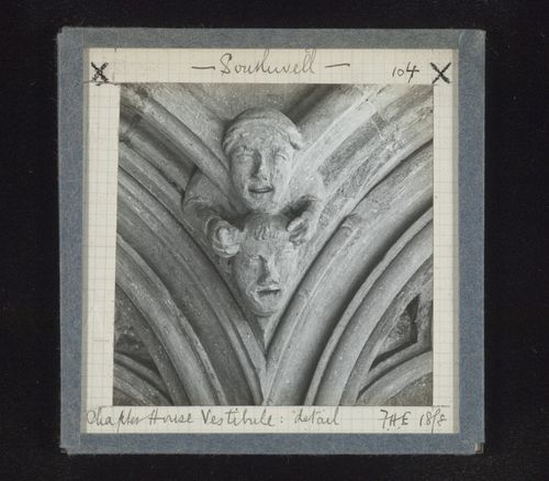 View of sculpture of a demon on a man's head in vestibule of Chapter House, Southwell Minster, Southwell, Nottinghamshire, England
