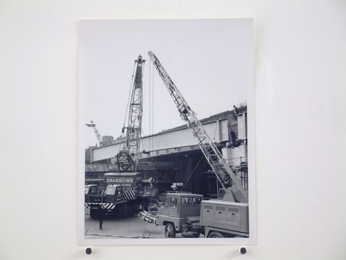 View of new outer girder about to be place onto bearings, Bushey Bridge, England