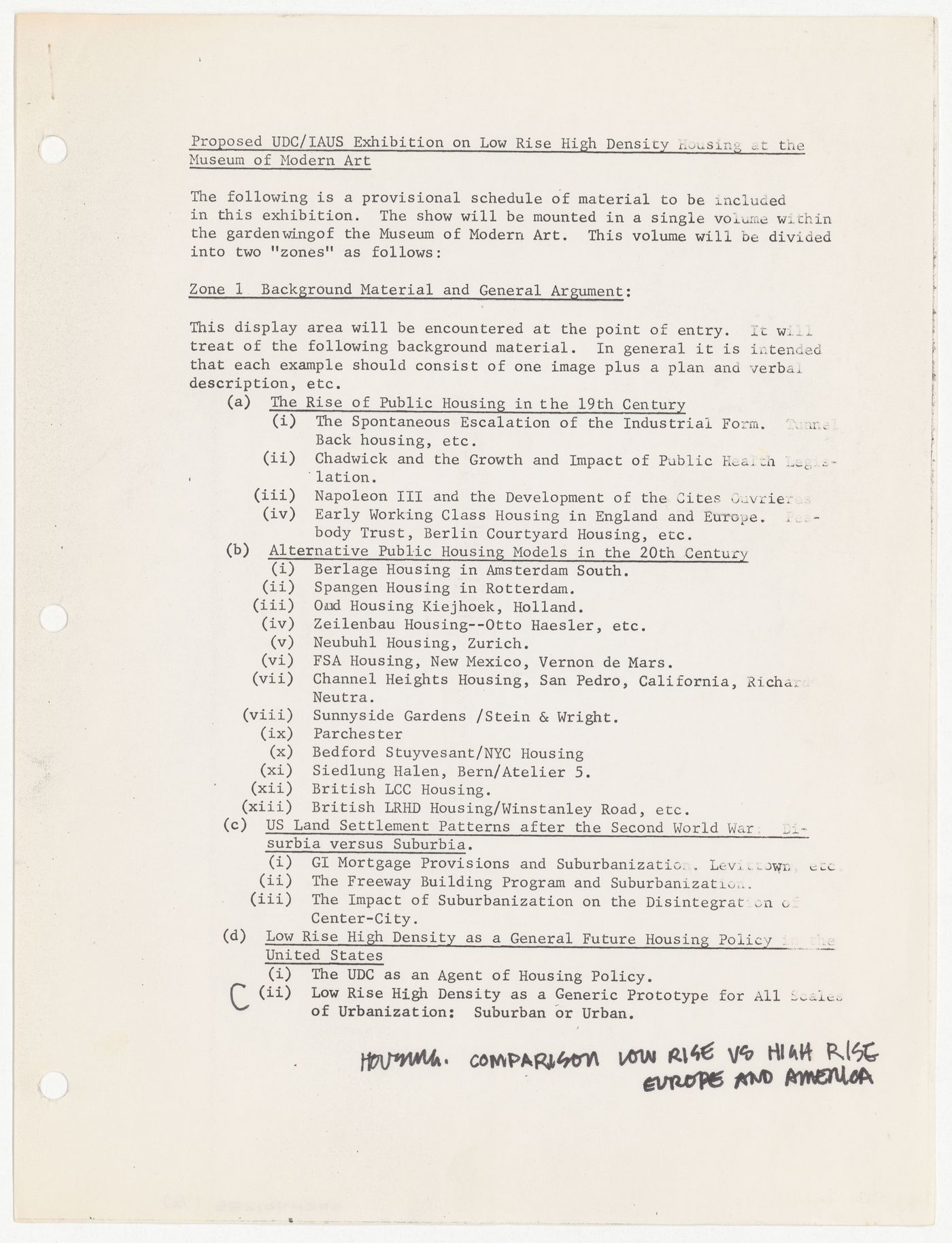 Proposed exhibition on Low-Rise High-Density (LRHD) at the Museum of Modern Art (MoMA) with annotations by Peter D. Eisenman