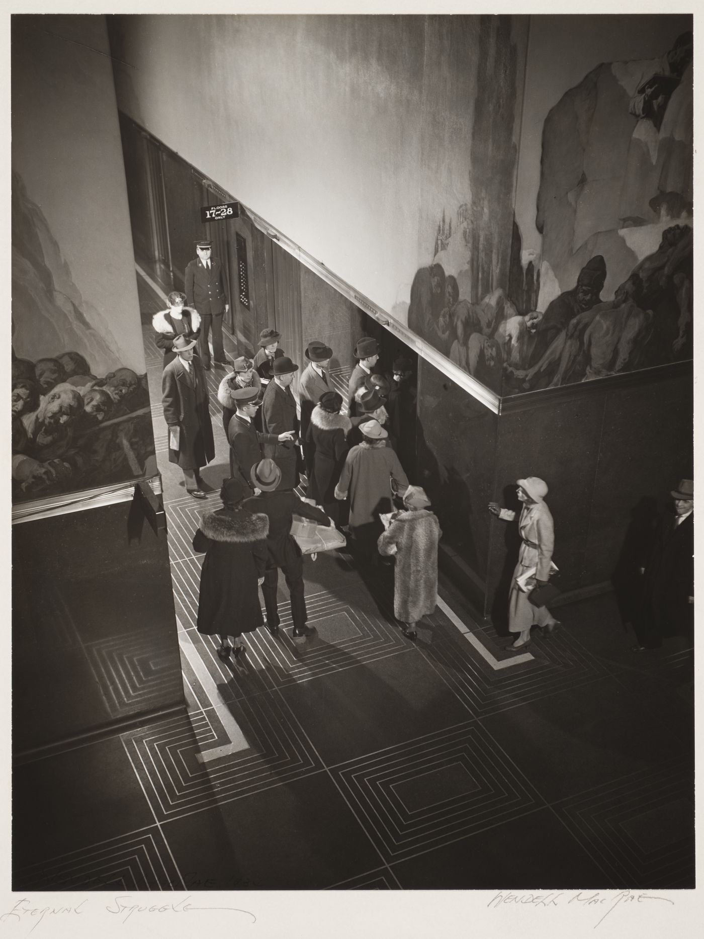 RCA Building, view of lobby with wall murals, people entering elevator, New York City, New York