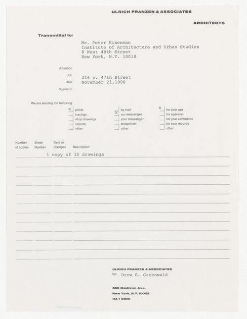 Delivery receipt for 15 drawings from the architectural firm Ulrich Franzen & Associates