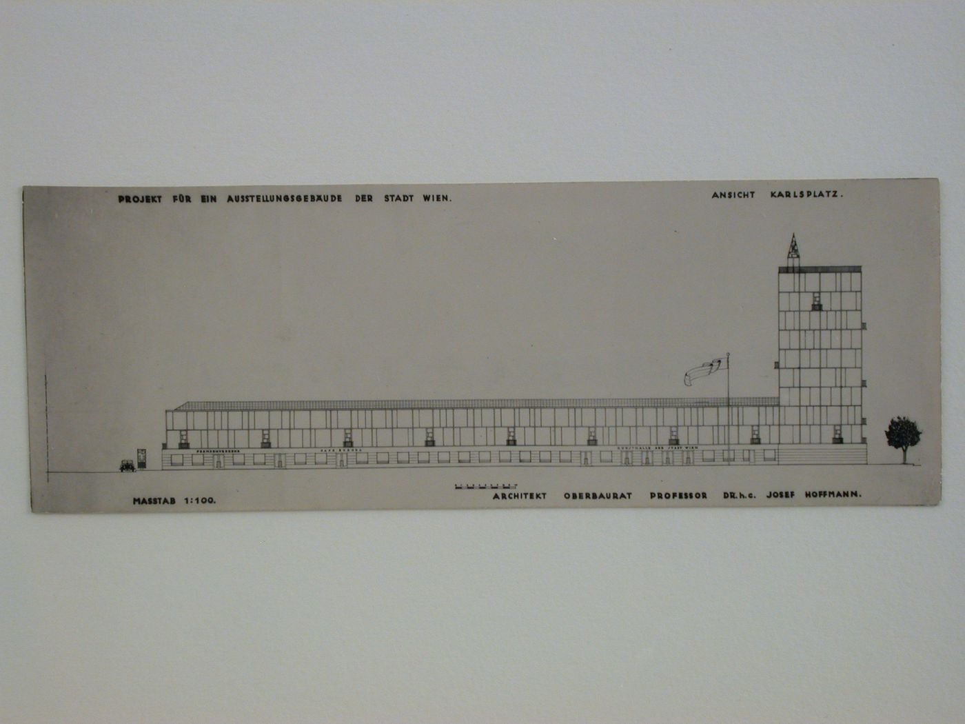 Photograph of a line drawing for the principal façade and the tower of the Ausstellungsgebäude [Art and Exhibition Hall] for Karlplatz, Vienna, Austria