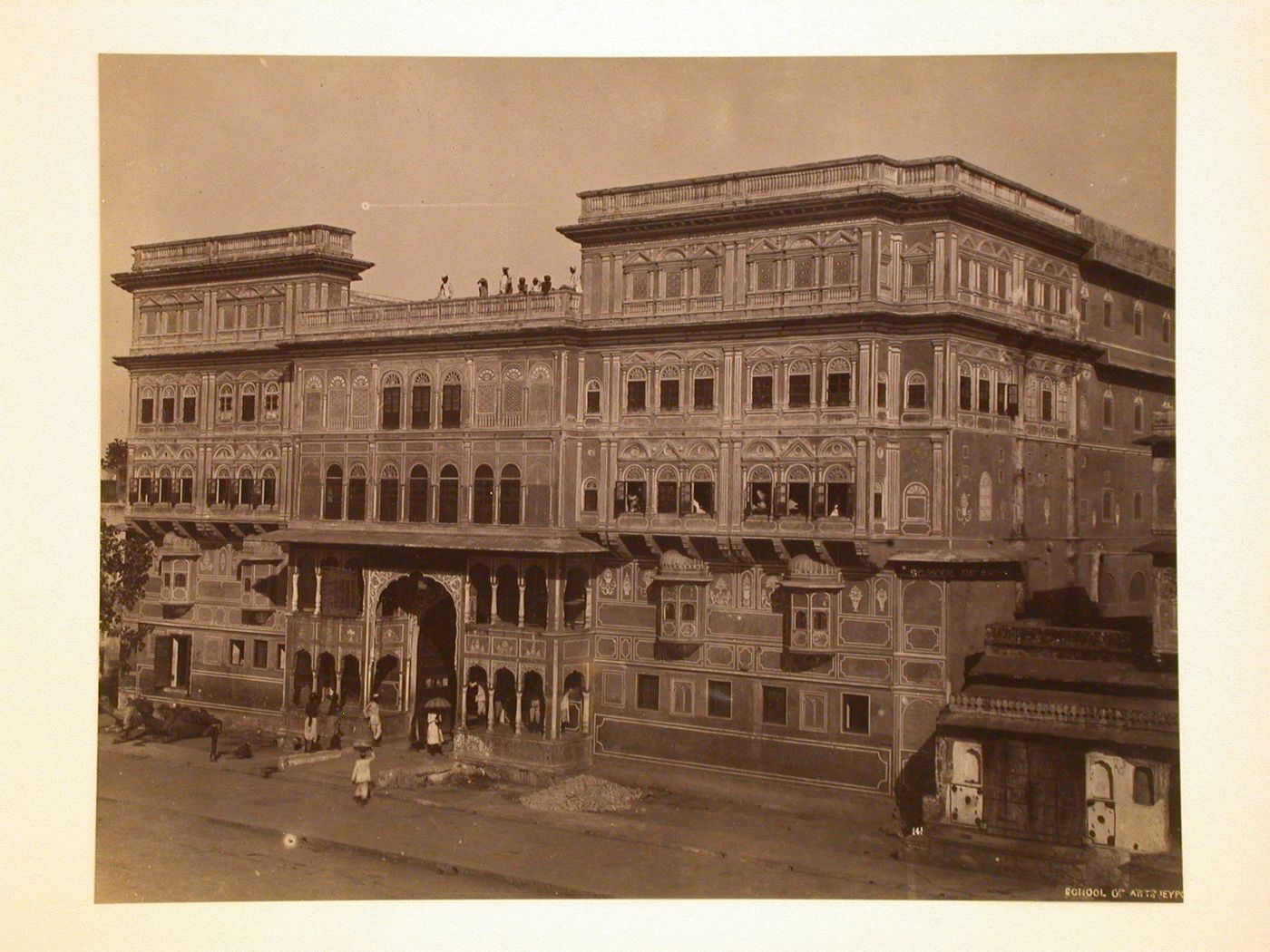 View of the façade of the Rajasthan School of Arts, Jeypore (now Jaipur), India