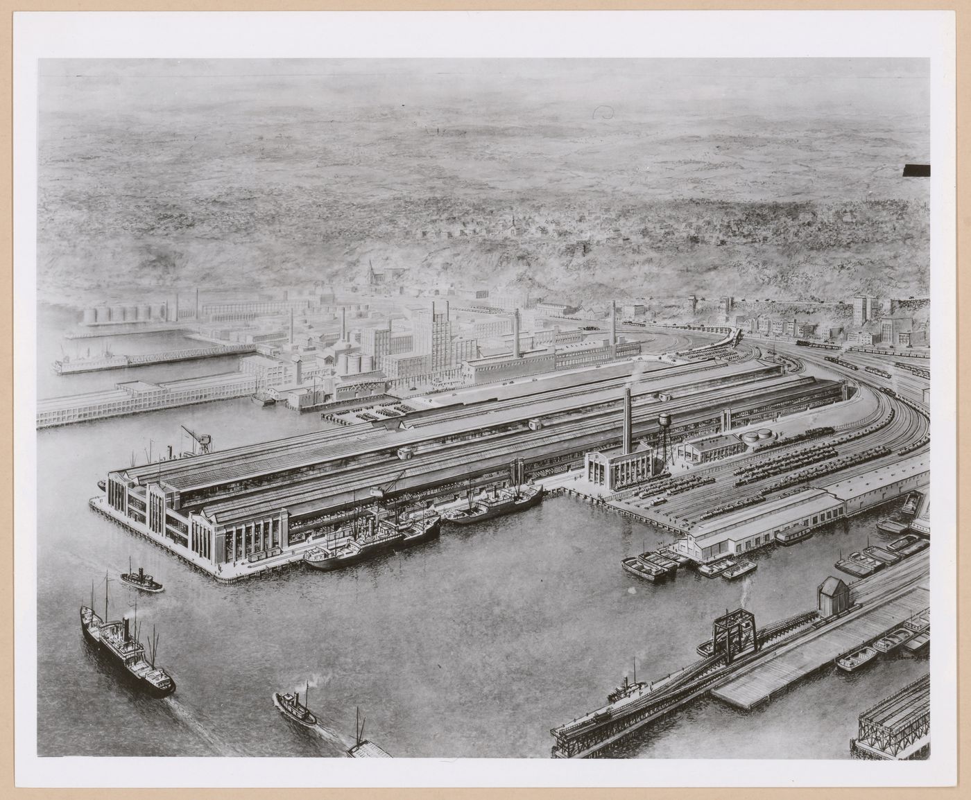 Photograph of a bird's-eye perspective drawing for or of the Automobile Assembly Plant, Ford Motor Company, Edgewater, New Jersey