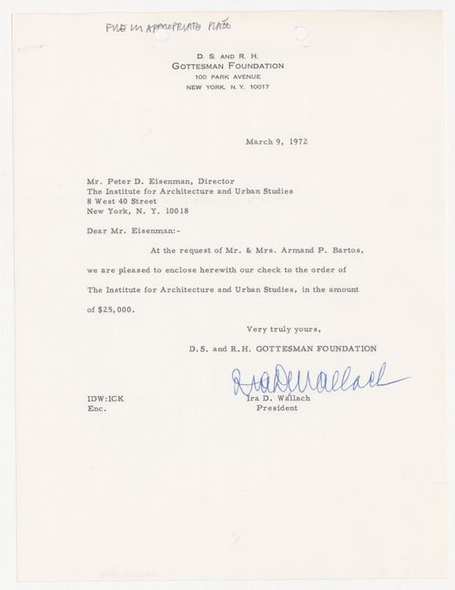Letter from Ira D. Wallach to Peter D. Eisenman about funding from the D. S. and R. H. Gottesman Foundation