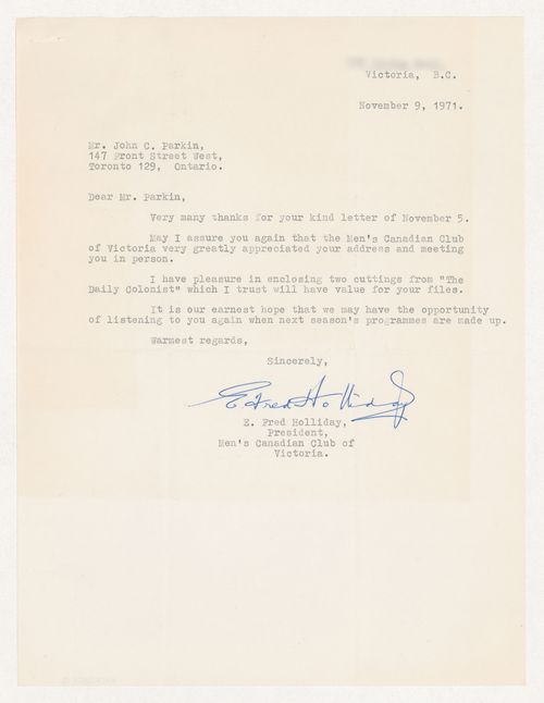 Letter from the President of the Men's Canadian Club of Victoria to thank Parkin with 2 clippings of the Daily Colonist enclosed