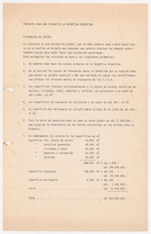 Cost estimate for La primera ciudad en La Antártida, Argentina