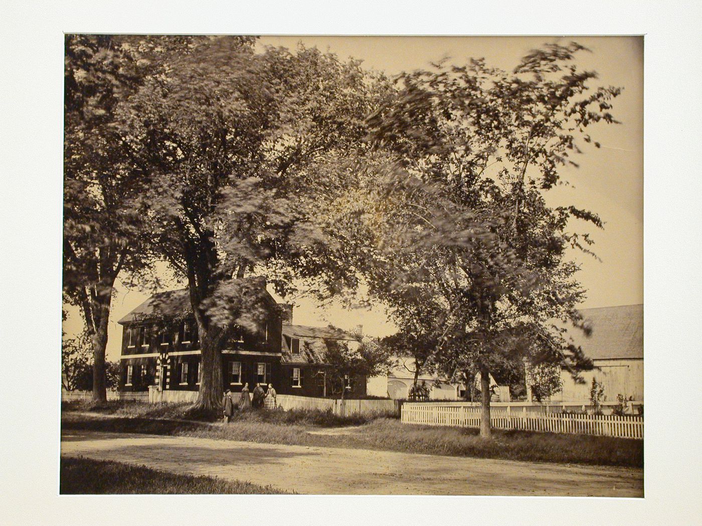 Asa Stebbins House, from across the road, with four figures out front, Dearfield, Massachusetts