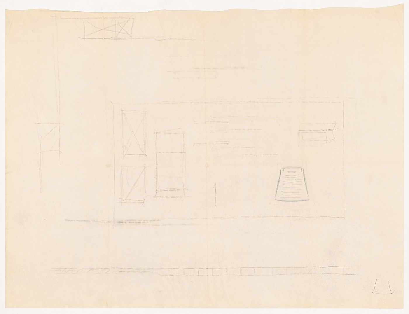 Sketch plan and sketch for the elevation for Museum for a Small City with a small sketch plan for the auditorium