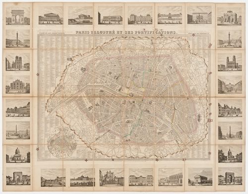 A map of Paris with its fortifications, as it was in 1848, surrounded by perspectives of important buildings