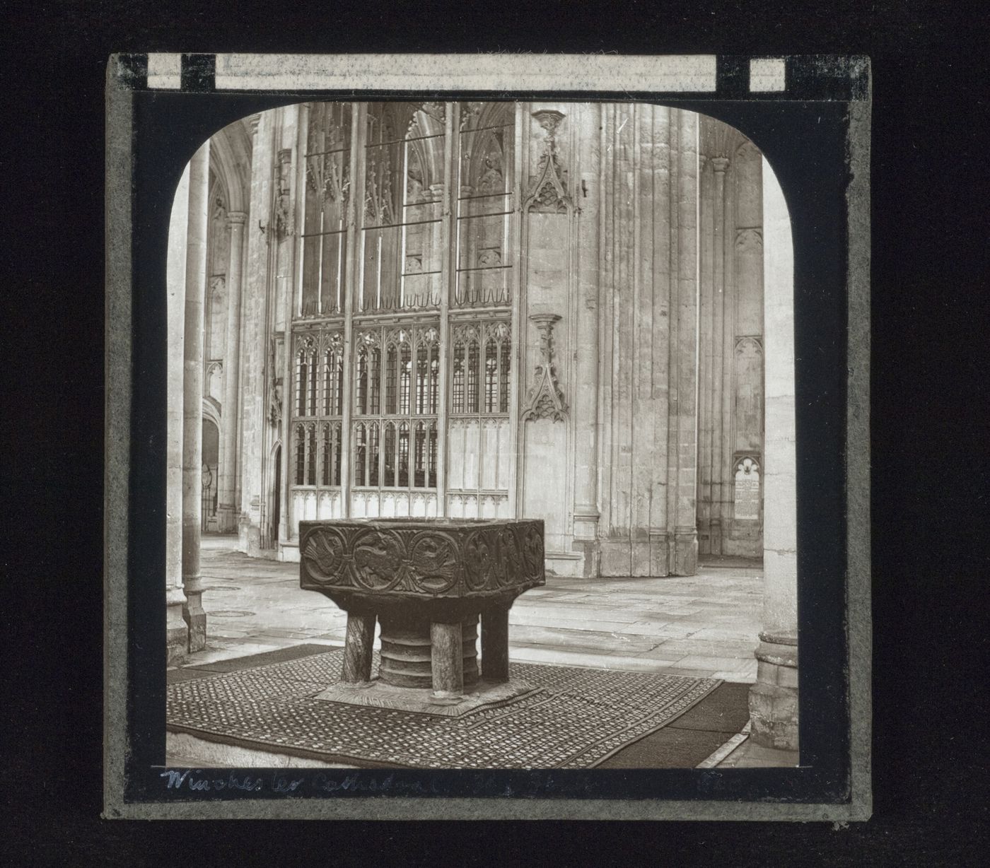 View of baptismal font in Winchester Cathedral, Winchester, Hampshire, England