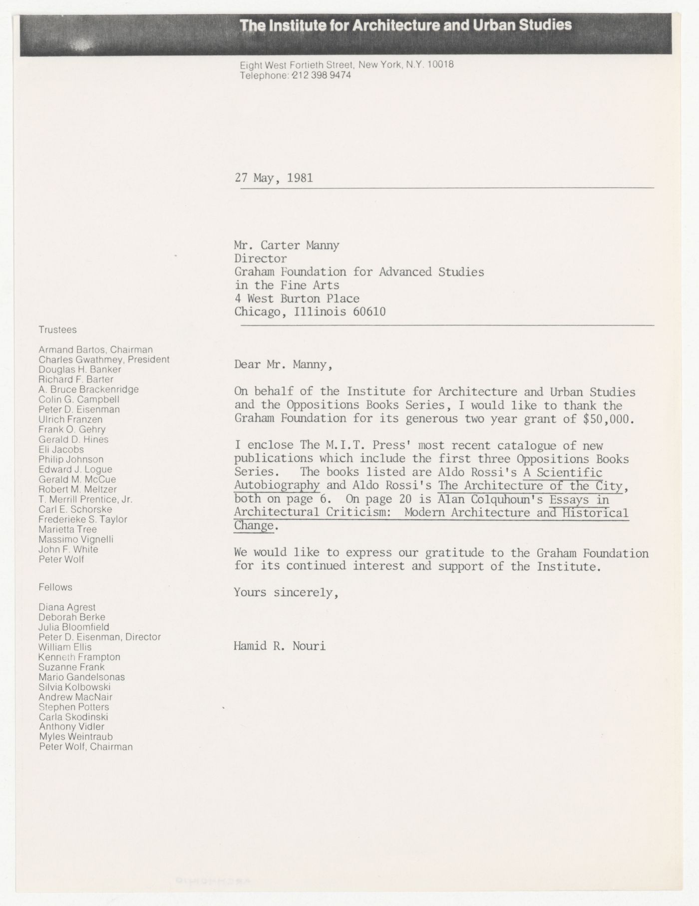 Letter from Hamid R. Nouri to Carter H. Manny Jr. acknowledging funding for Oppositions Books