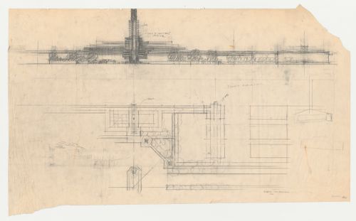 Partial elevation and plan for an airport control tower and buildings