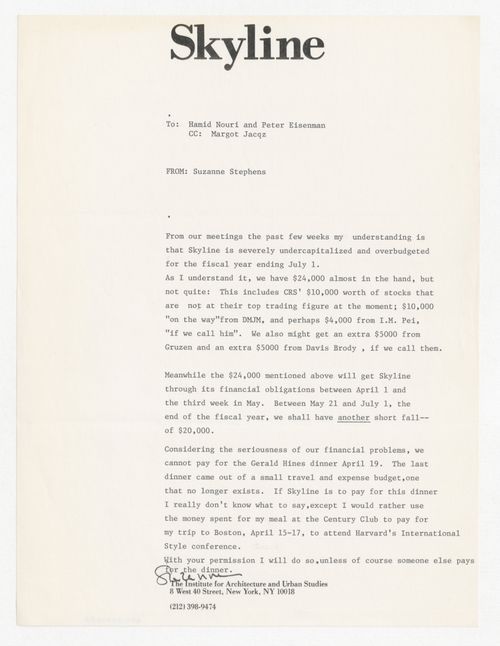 Memorandum from Suzanne Stephens to Hamid R. Nouri and Peter D. Eisenman about the Gerald Hines dinner for Skyline