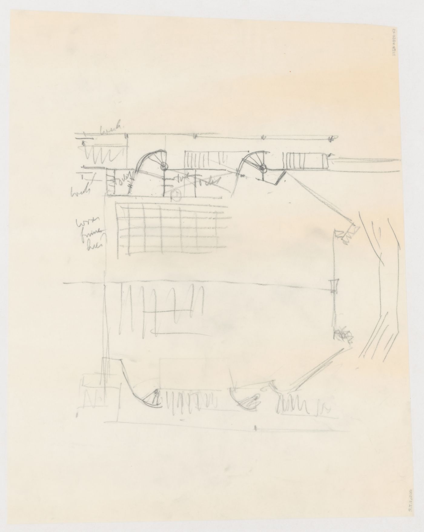Sketch plan for the main auditorium showing staircases for the Congress Hall Complex, The Hague, Netherlands