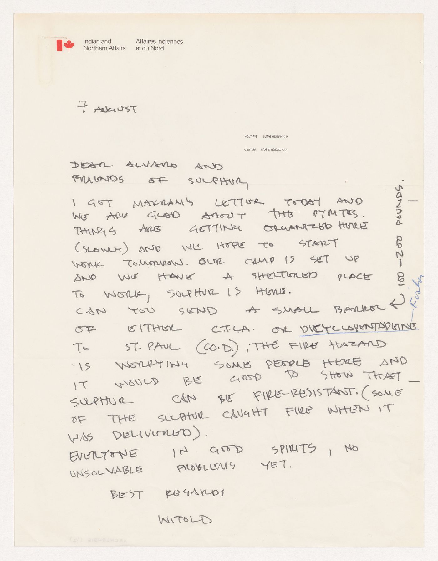 Letter from Witold Rybczynski to Alvaro Ortega and others requesting a shipment of material to be used for making sulphur fire resistant