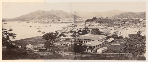 Panorama of the harbour and the foreign settlements of Oura-machi and Deshima, Nagasaki, Japan