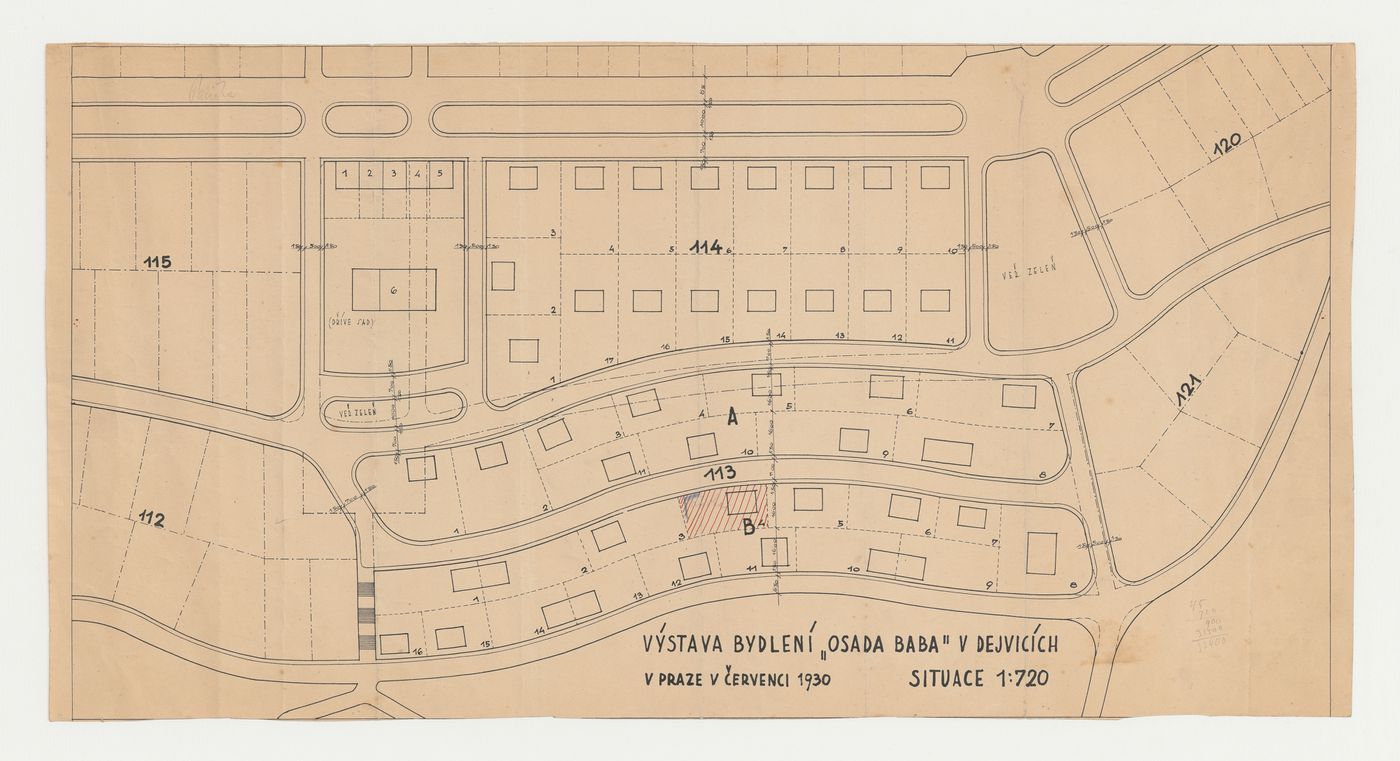Site plan for Baba Villa Colony showing the lot for Villa Palicka, Prague, Czechoslovakia (now Czech Republic)