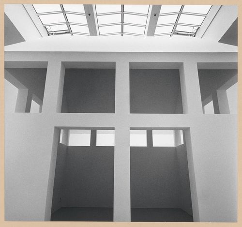 Close-up interior view of the principal façade of the third storey of the House-in-House showing the skylight above, Deutsches Architekturmuseum [German Architecture Museum], Schaumainkai 43, Frankfurt am Main, Germany