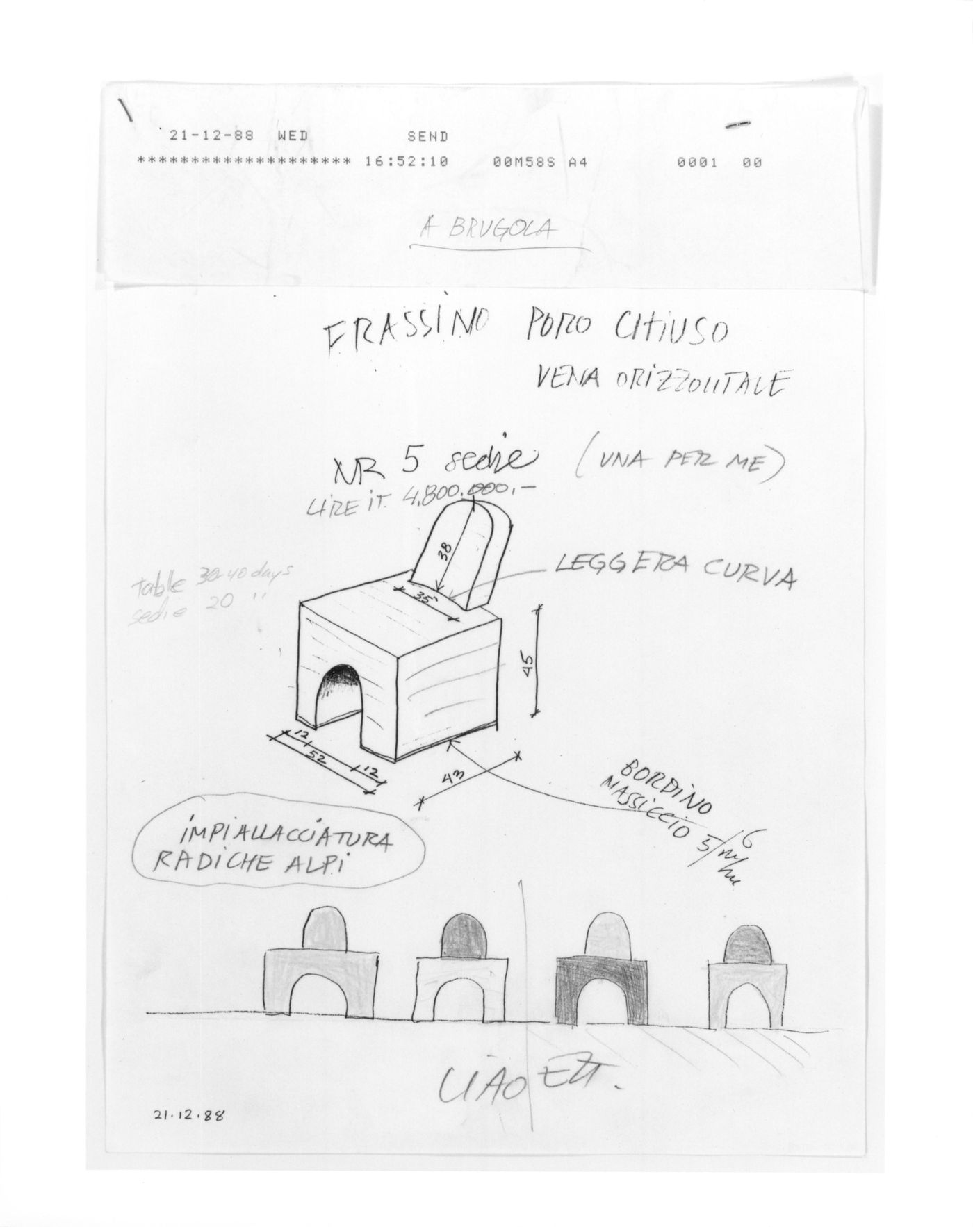 Annotated design drawing for chairs for the Shaughnessy House, Centre Canadien d'Architecture, Montréal