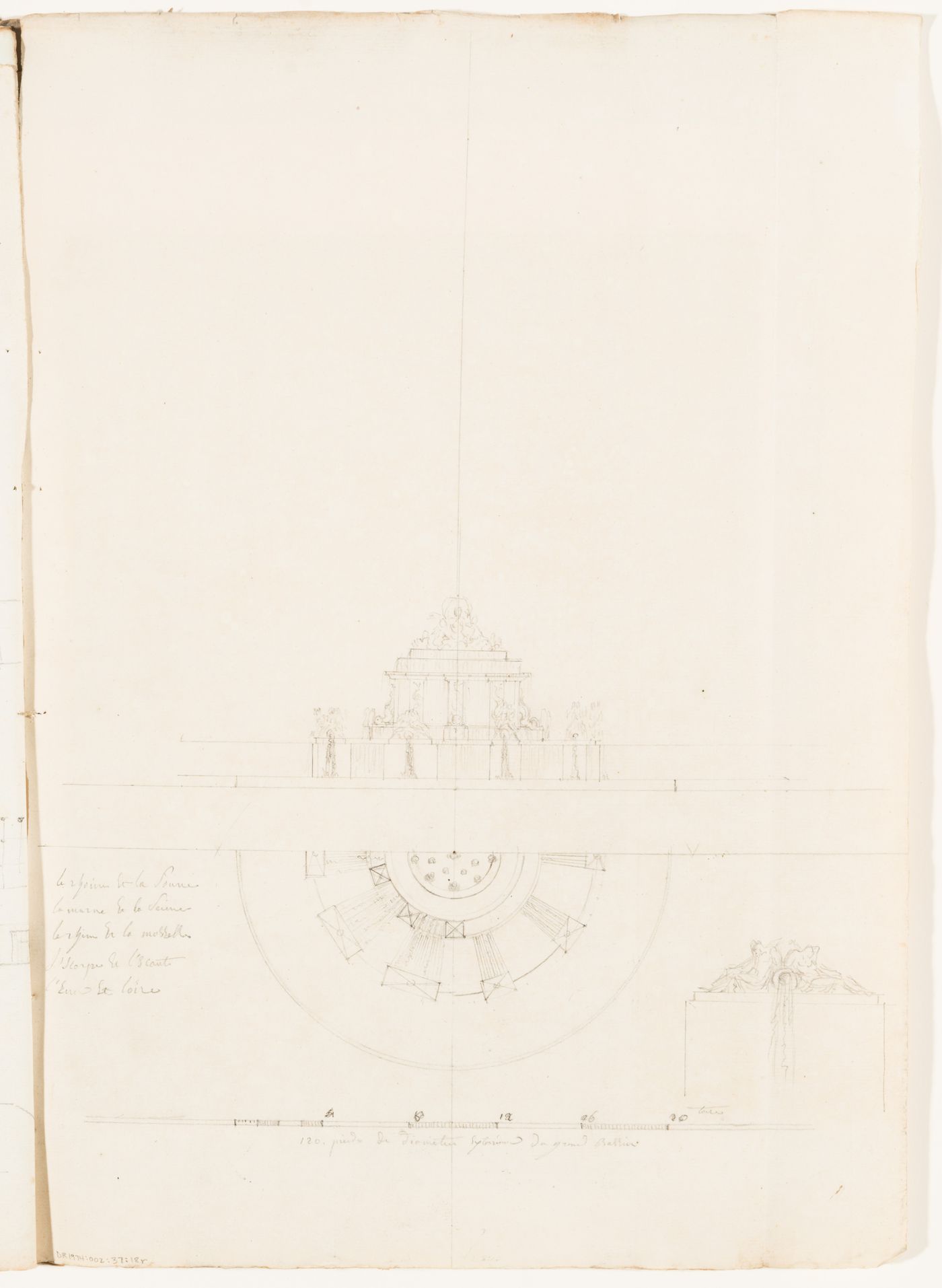 Conceptual sketch elevation and half plan for a two-tiered fountain, including a detail for the sculpture; verso: Sketch plan, possibly for place Louis XV