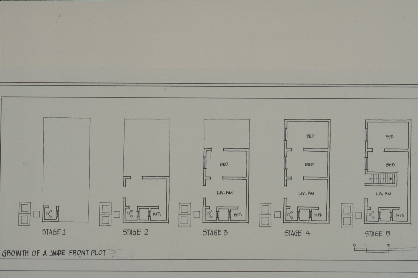Floor plans showing stages of growth of housing plot for the Aranya Housing Project, Indore, India
