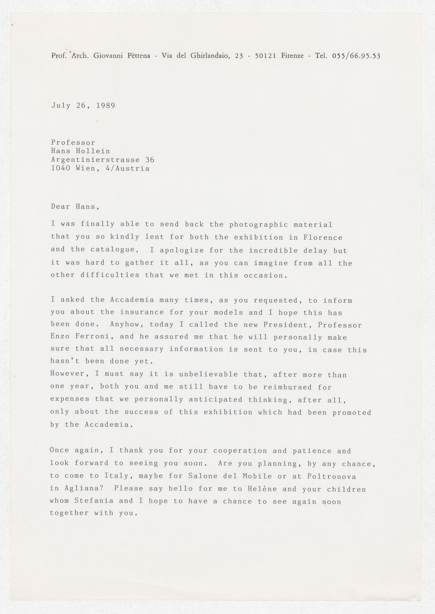 Correspondence from Gianni Pettena to Hans Hollein for the exhibition Hans Hollein. Opere 1960-1988