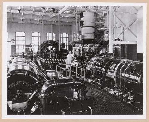 Interior view of machinery in the Power House for the Engineering Laboratory, Rouge River Plant, Ford Motor Company, Dearborn, Michigan