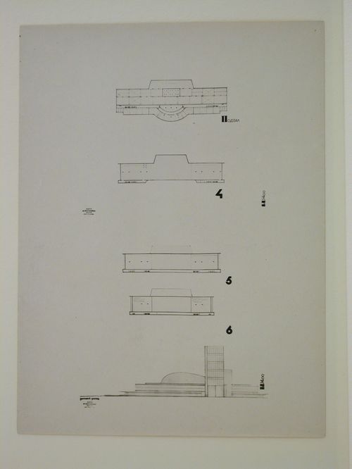 Photograph of plans and a lateral elevation for the first round of competition for a "synthetic theater" in Sverdlovsk, Soviet Union (now Ekaterinburg, Russia)