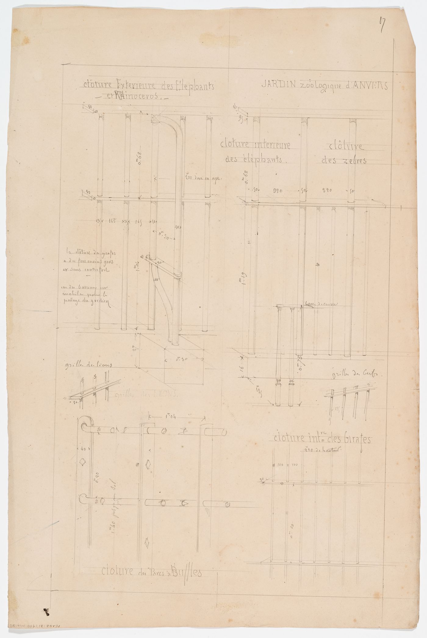 Zoological garden, Antwerp: Elevations, axonometric drawings, and details of fences