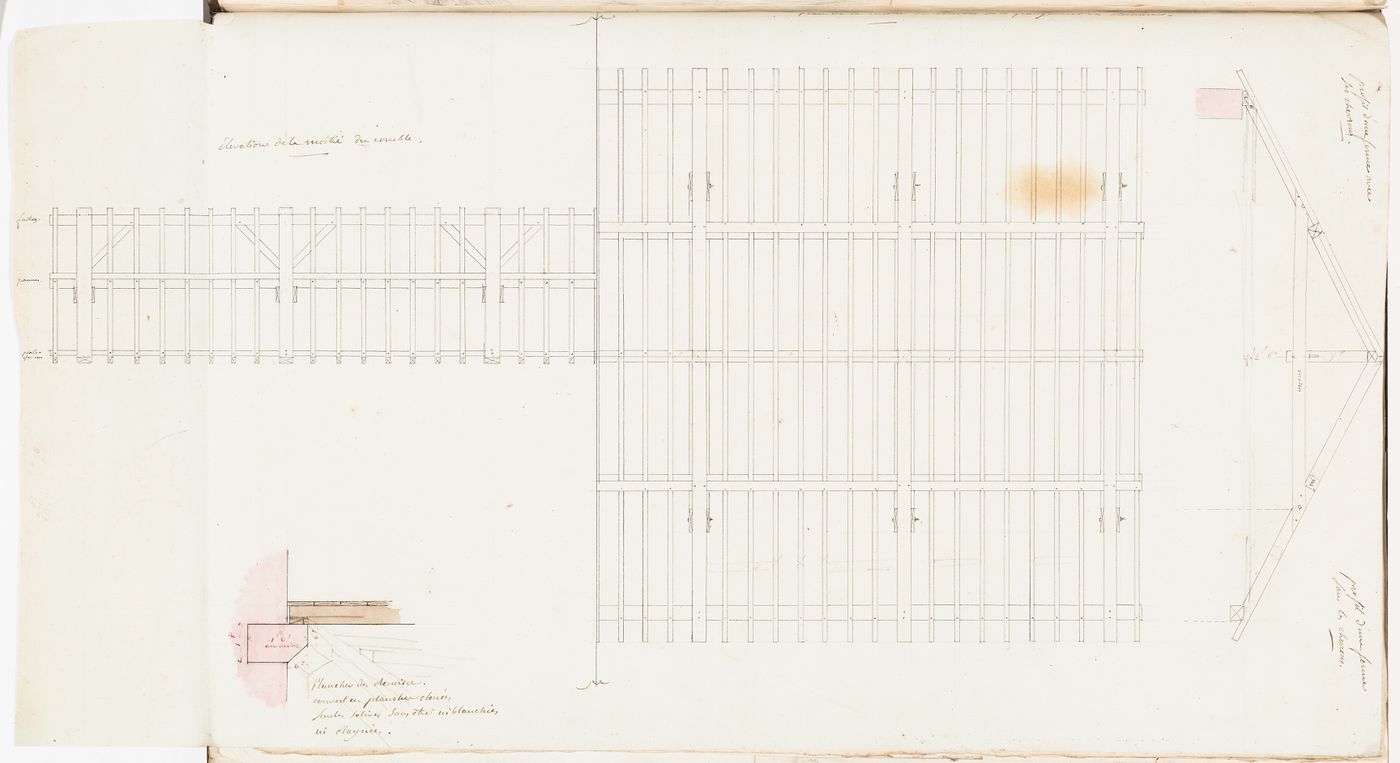 Section and half elevation for roof framing and partial section for a floor, possibly for the house, Domaine de La Vallée