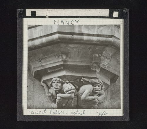 Detail view of two sculptures of Ducal Palace of Nancy, France