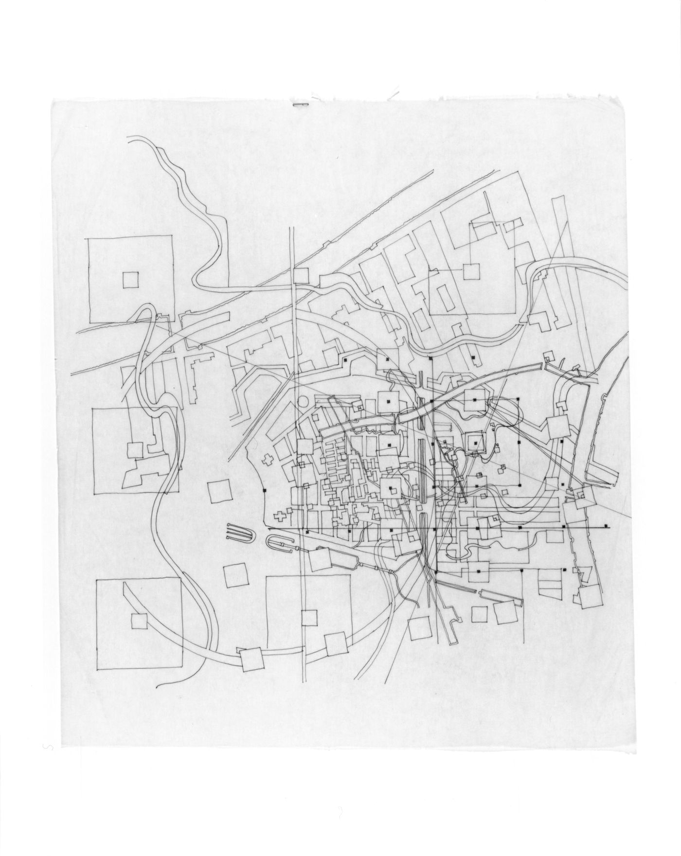 Sketch site plan showing superposition of Cannaregio-West and La Villette sites at different scales