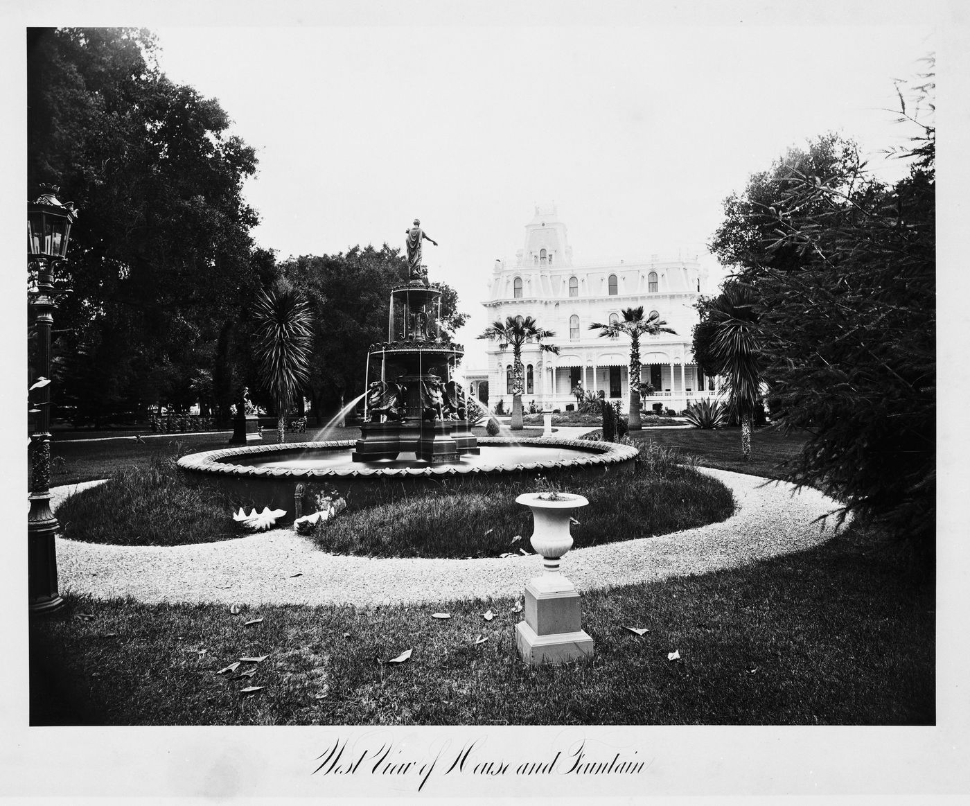 View of the fountain and house from west, Thurlow Lodge, Menlo Park, California