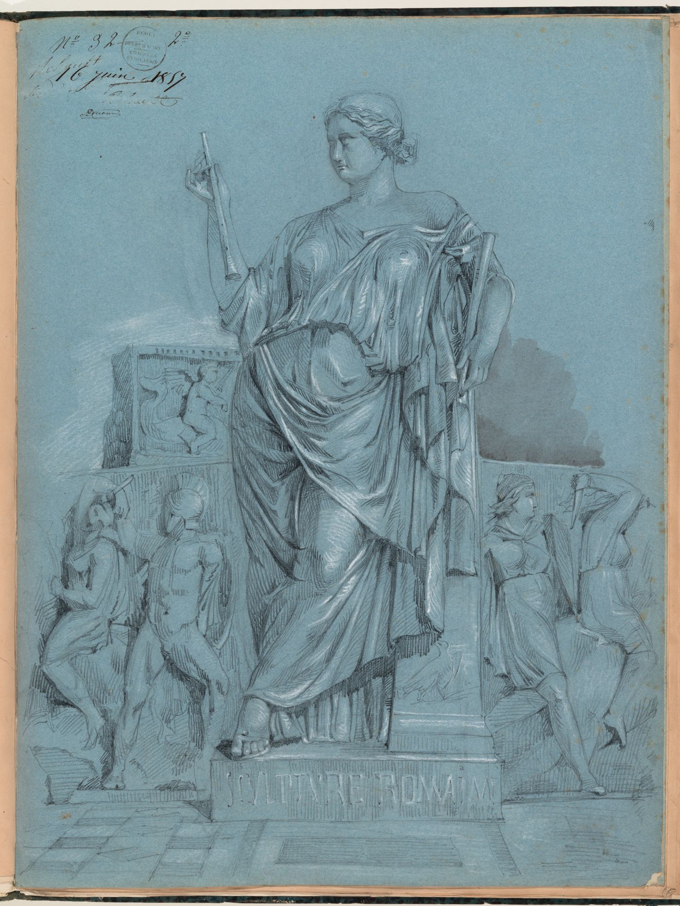 Concours d'émulation entry, 16 June 1857: Study of a female Roman statue with a sculpted frieze