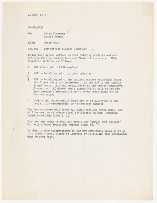 Memorandum from Peter Wolf to Peter D. Eisenman and Louise Joseph about new project financial structrue