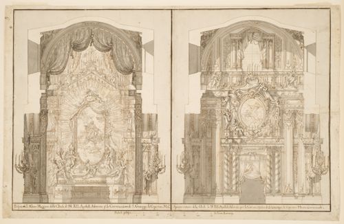 Elevation of the high altar of the Santi Apostoli church, Rome (left), and of the entrance gate of the church (right), decorated on the occasion of the solemn octave celebrated for the canonization of San Giuseppe da Copertino